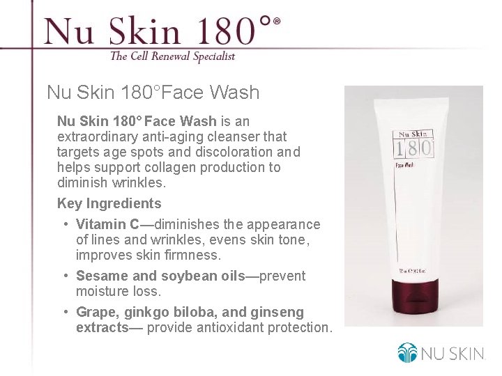 Nu Skin 180°Face Wash Nu Skin 180° Face Wash is an extraordinary anti-aging cleanser