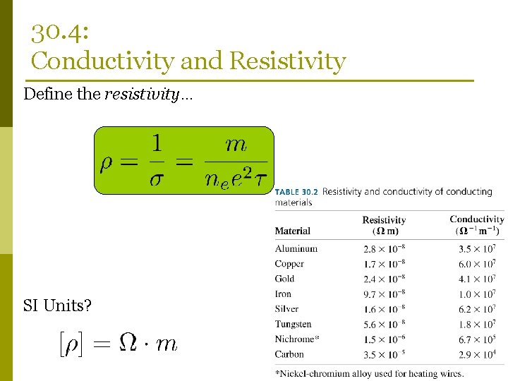 30. 4: Conductivity and Resistivity Define the resistivity… SI Units? 