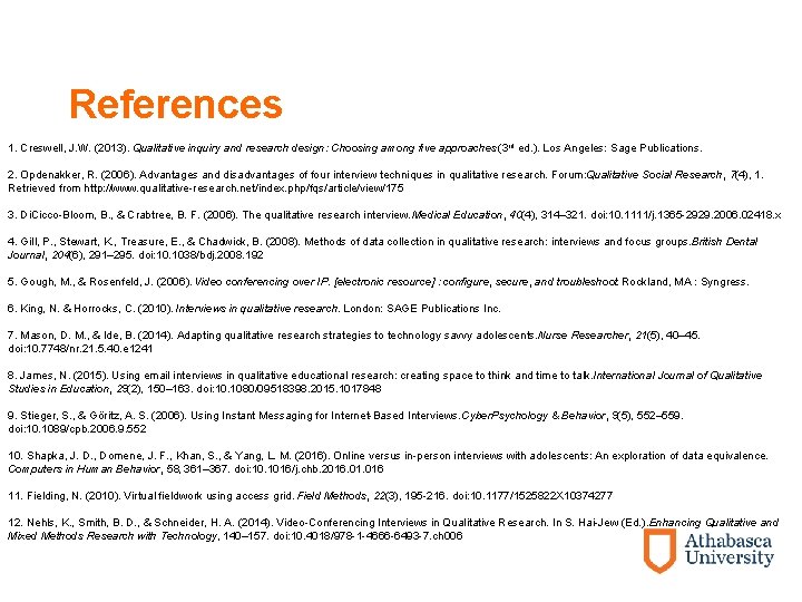 References 1. Creswell, J. W. (2013). Qualitative inquiry and research design: Choosing among five