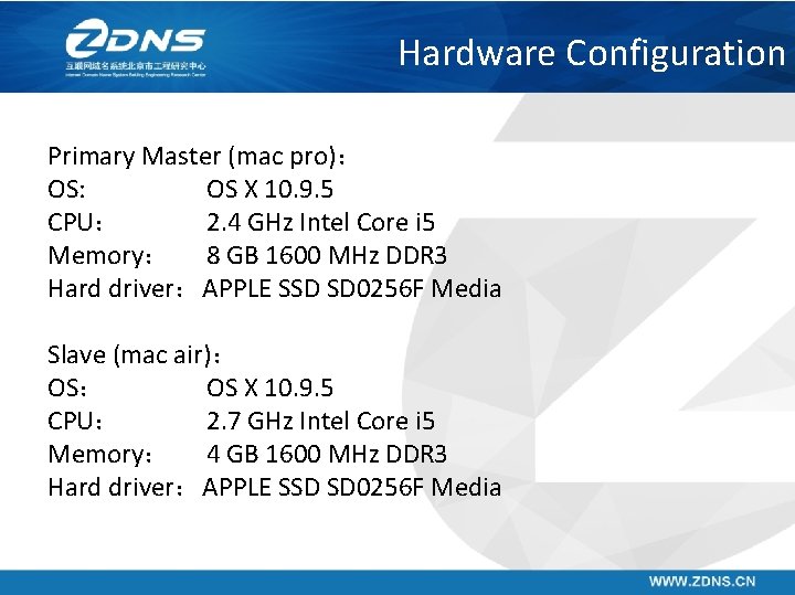 Hardware Configuration Primary Master (mac pro)： OS: OS X 10. 9. 5 CPU： 2.