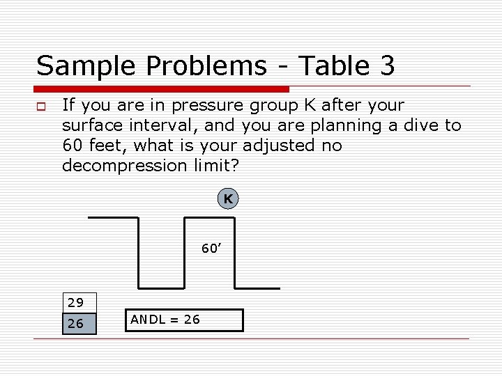 Sample Problems - Table 3 o If you are in pressure group K after