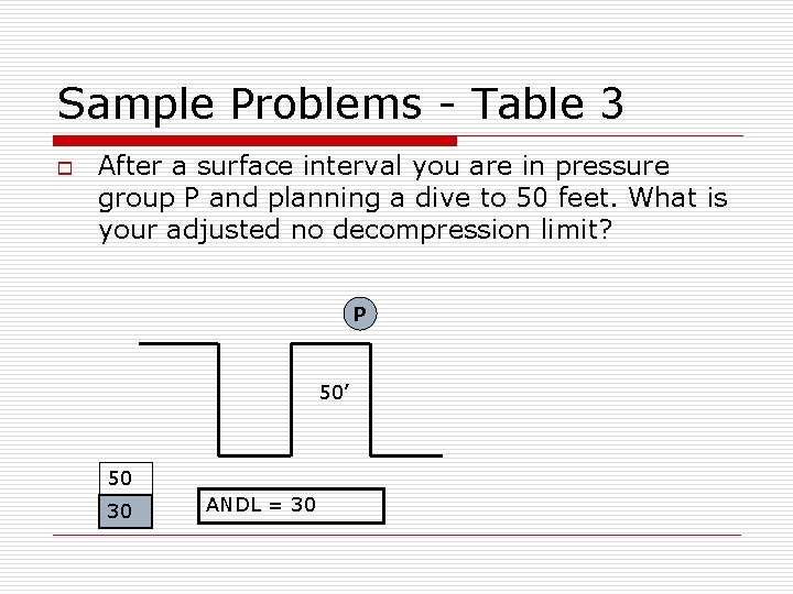 Sample Problems - Table 3 o After a surface interval you are in pressure