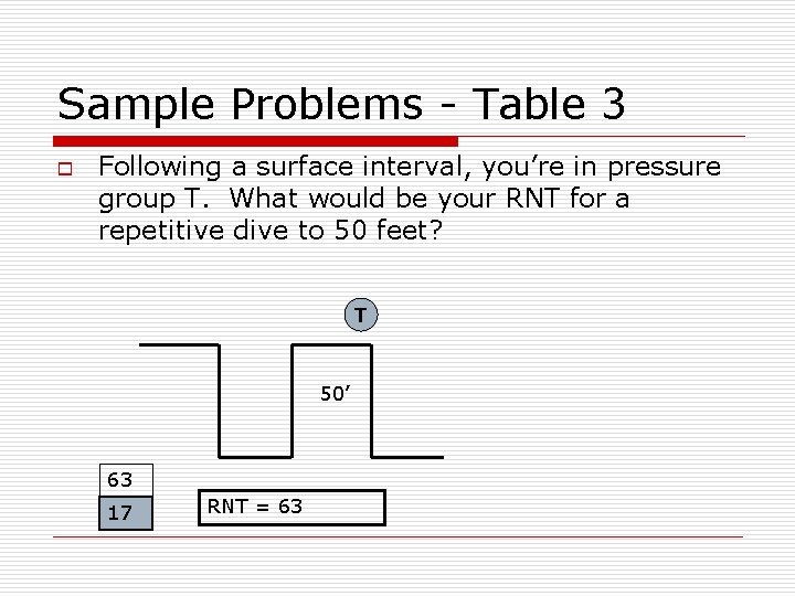 Sample Problems - Table 3 o Following a surface interval, you’re in pressure group