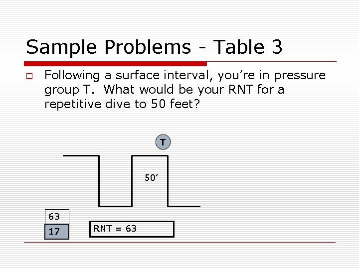 Sample Problems - Table 3 o Following a surface interval, you’re in pressure group