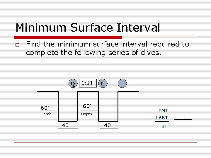 Minimum Surface Interval o Find the minimum surface interval required to complete the following