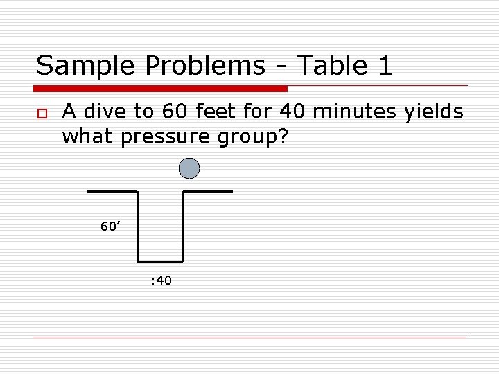 Sample Problems - Table 1 o A dive to 60 feet for 40 minutes