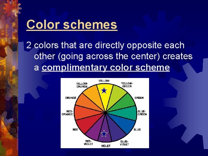Color schemes 2 colors that are directly opposite each other (going across the center) Color schemes 2 colors that are directly opposite each other (going across the center)