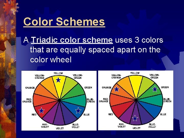 Color Schemes A Triadic color scheme uses 3 colors that are equally spaced apart Color Schemes A Triadic color scheme uses 3 colors that are equally spaced apart