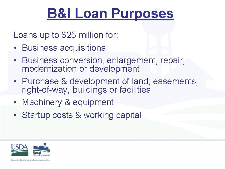 B&I Loan Purposes Loans up to $25 million for: • Business acquisitions • Business