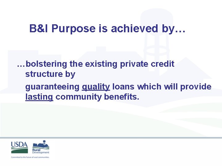 B&I Purpose is achieved by… …bolstering the existing private credit structure by guaranteeing quality