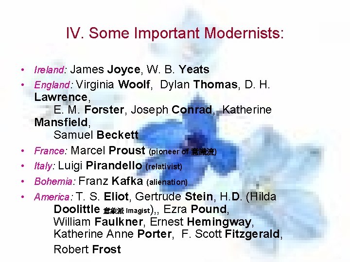 IV. Some Important Modernists: • Ireland: James Joyce, W. B. Yeats • England: Virginia