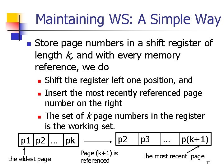 Maintaining WS: A Simple Way n Store page numbers in a shift register of