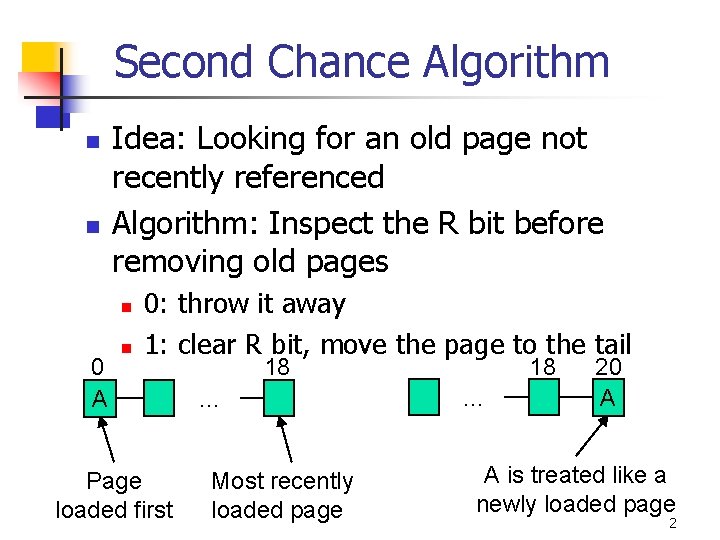 Second Chance Algorithm n n Idea: Looking for an old page not recently referenced