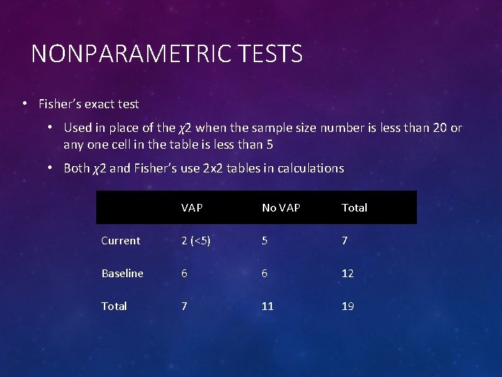 NONPARAMETRIC TESTS • Fisher’s exact test • Used in place of the χ2 when