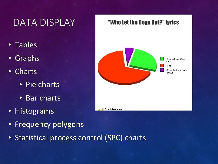 DATA DISPLAY • Tables • Graphs • Charts • Pie charts • Bar charts