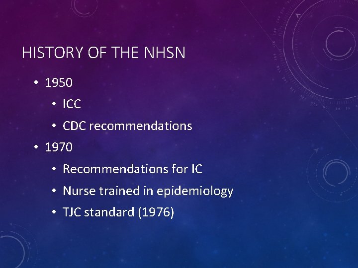 HISTORY OF THE NHSN • 1950 • ICC • CDC recommendations • 1970 •