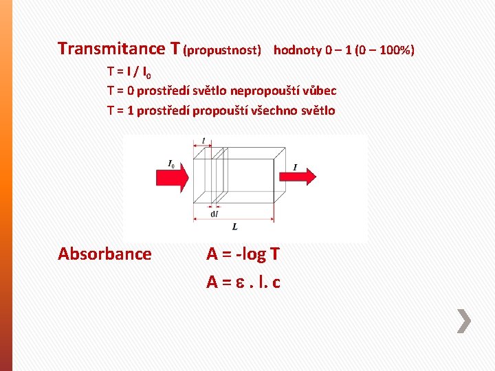 Transmitance T (propustnost) hodnoty 0 – 1 (0 – 100%) T = I /