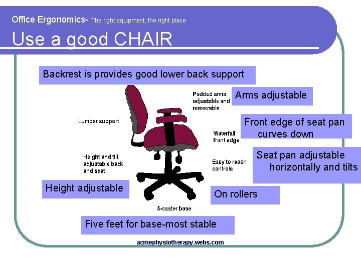 Office Ergonomics- The right equipment, the right place Use a good CHAIR Backrest is