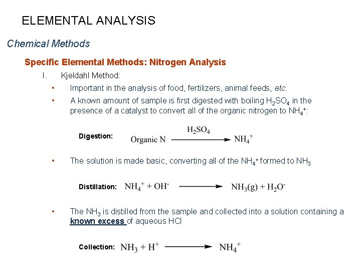 ELEMENTAL ANALYSIS Chemical Methods Specific Elemental Methods: Nitrogen Analysis I. Kjeldahl Method: • Important
