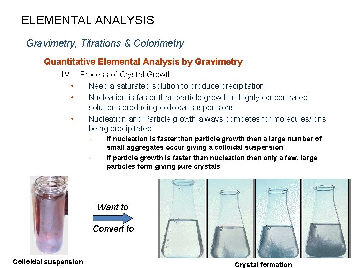ELEMENTAL ANALYSIS Gravimetry, Titrations & Colorimetry Quantitative Elemental Analysis by Gravimetry IV. Process of