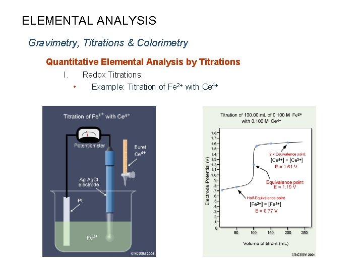 ELEMENTAL ANALYSIS Gravimetry, Titrations & Colorimetry Quantitative Elemental Analysis by Titrations I. Redox Titrations: