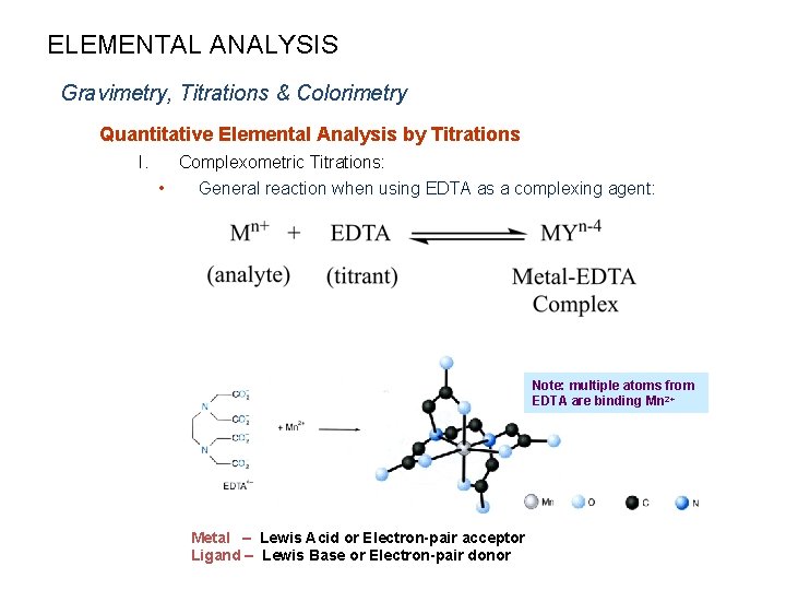 ELEMENTAL ANALYSIS Gravimetry, Titrations & Colorimetry Quantitative Elemental Analysis by Titrations I. Complexometric Titrations: