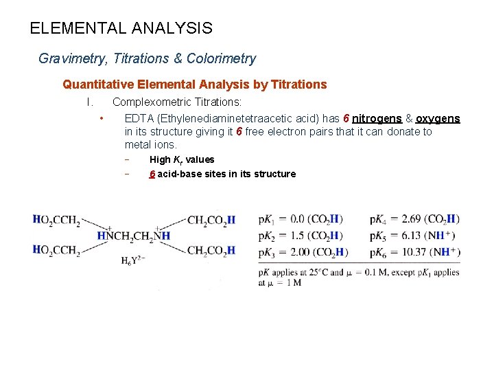 ELEMENTAL ANALYSIS Gravimetry, Titrations & Colorimetry Quantitative Elemental Analysis by Titrations I. Complexometric Titrations: