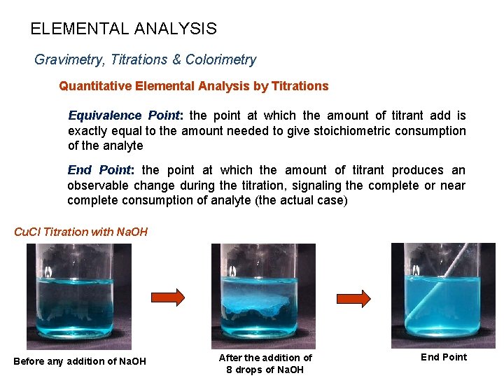 ELEMENTAL ANALYSIS Gravimetry, Titrations & Colorimetry Quantitative Elemental Analysis by Titrations Equivalence Point: the