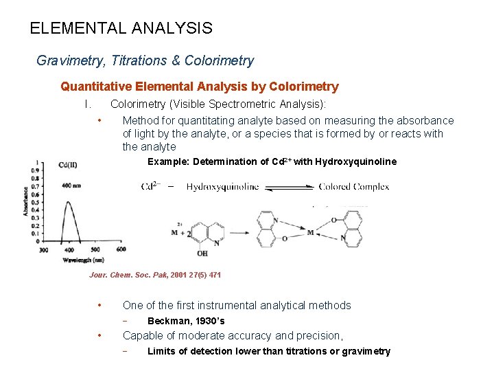 ELEMENTAL ANALYSIS Gravimetry, Titrations & Colorimetry Quantitative Elemental Analysis by Colorimetry I. Colorimetry (Visible