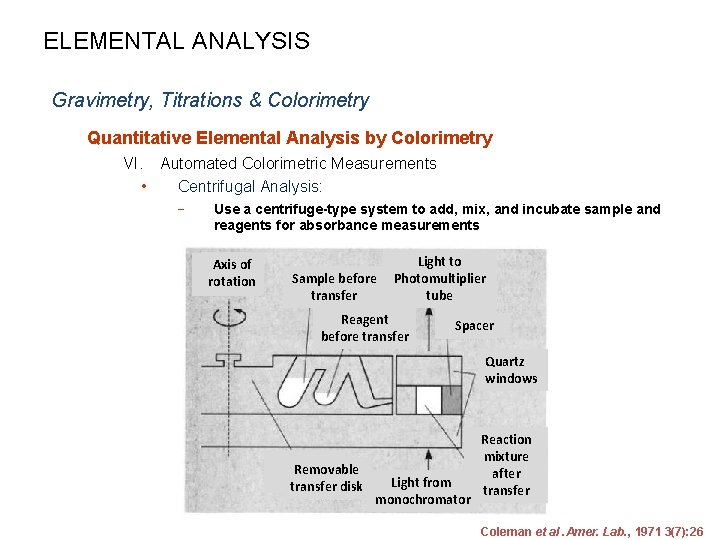 ELEMENTAL ANALYSIS Gravimetry, Titrations & Colorimetry Quantitative Elemental Analysis by Colorimetry VI. Automated Colorimetric