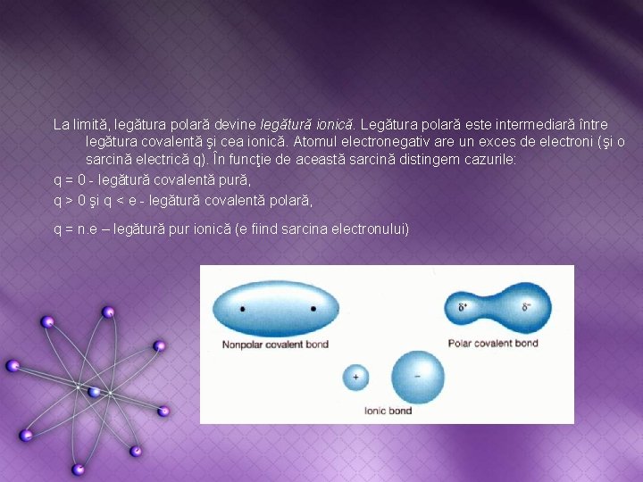 La limită, legătura polară devine legătură ionică. Legătura polară este intermediară între legătura covalentă