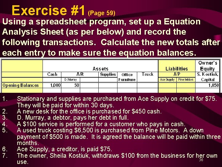 Exercise #1 (Page 59) Using a spreadsheet program, set up a Equation Analysis Sheet