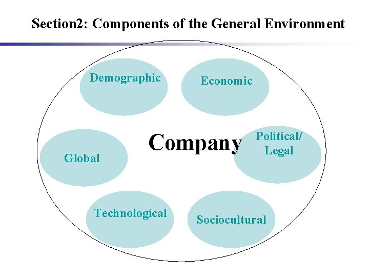 Section 2: Components of the General Environment Demographic Global Economic Company Technological Political/ Legal