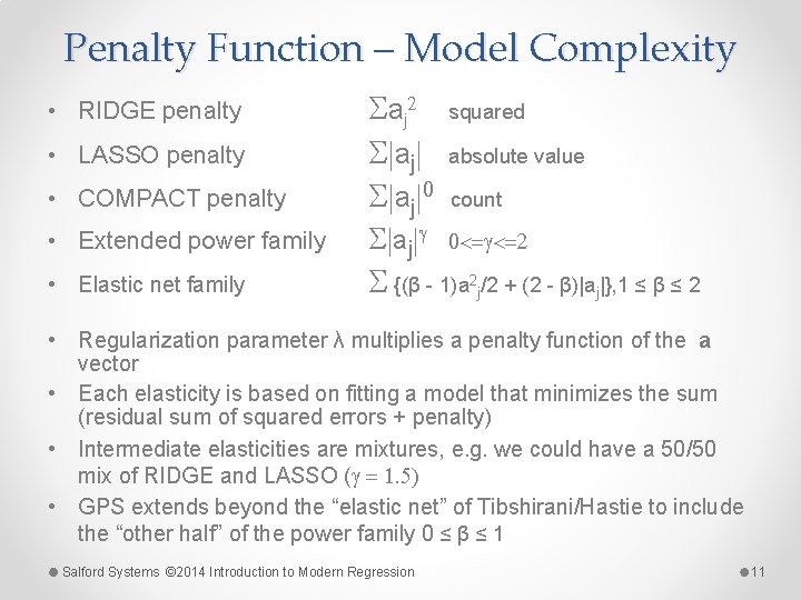 Penalty Function – Model Complexity • RIDGE penalty • LASSO penalty • COMPACT penalty