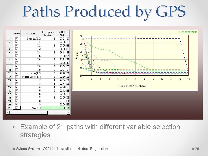 Paths Produced by GPS • Example of 21 paths with different variable selection strategies