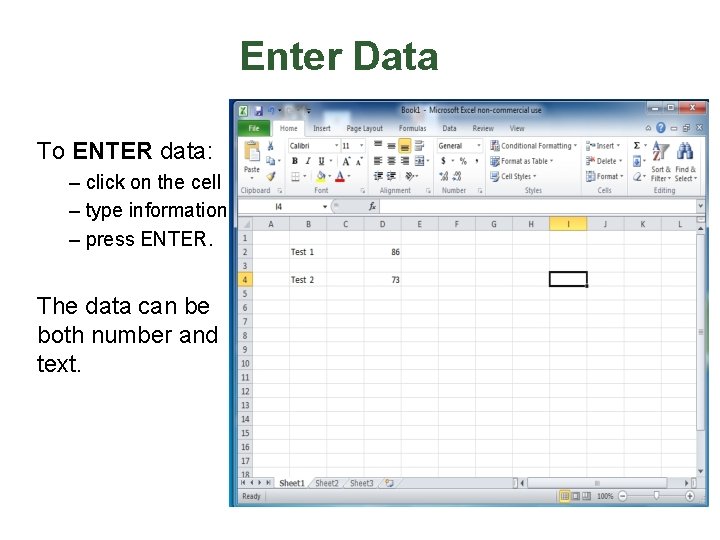 Enter Data To ENTER data: – click on the cell – type information –