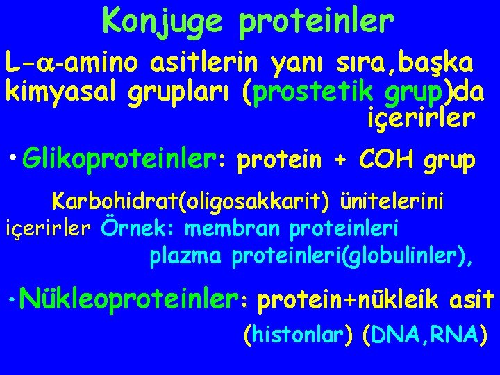Konjuge proteinler L- -amino asitlerin yanı sıra, başka kimyasal grupları (prostetik grup)da içerirler •