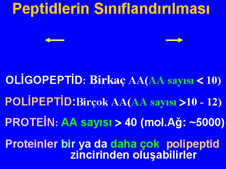 Peptidlerin Sınıflandırılması OLİGOPEPTİD: Birkaç AA(AA sayısı 10) POLİPEPTİD: Birçok AA(AA sayısı 10 - 12)