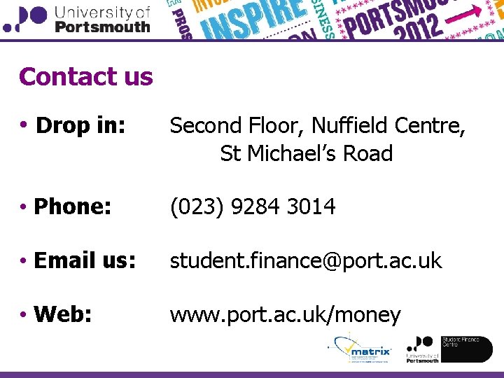 Contact us • Drop in: Second Floor, Nuffield Centre, St Michael’s Road • Phone: