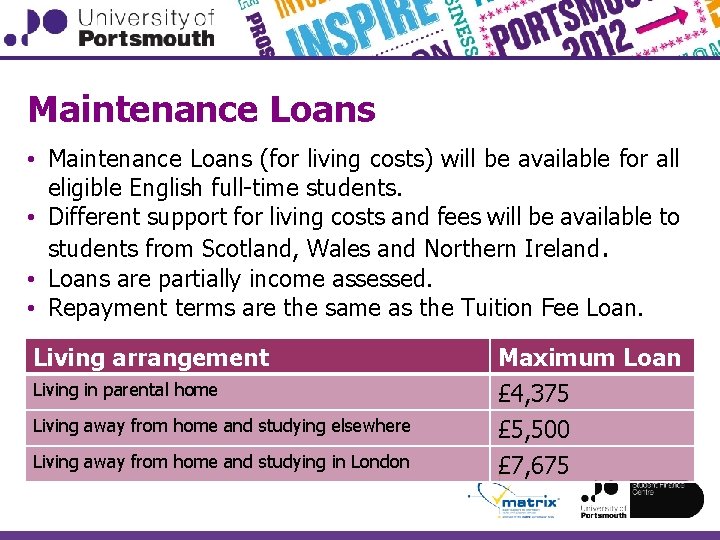 Maintenance Loans • Maintenance Loans (for living costs) will be available for all eligible