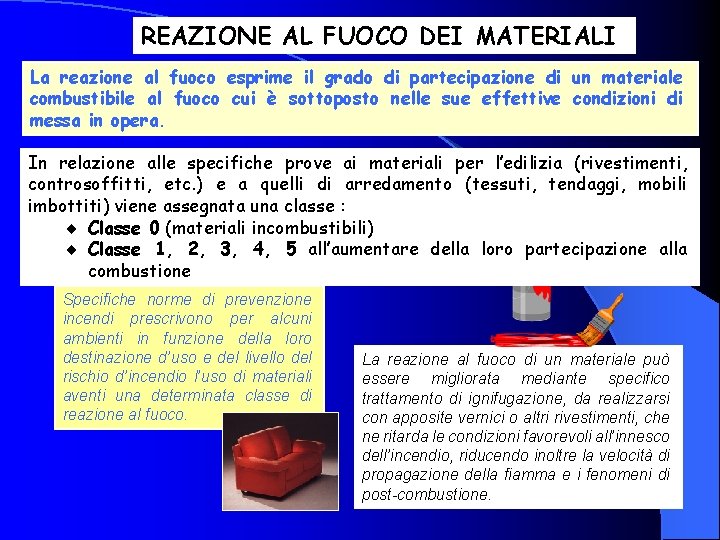 REAZIONE AL FUOCO DEI MATERIALI La reazione al fuoco esprime il grado di partecipazione