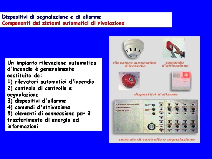 Dispositivi di segnalazione e di allarme Componenti dei sistemi automatici di rivelazione Un impianto