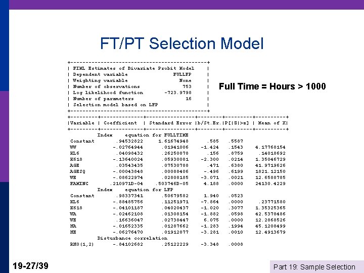 FT/PT Selection Model +-----------------------+ | FIML Estimates of Bivariate Probit Model | | Dependent