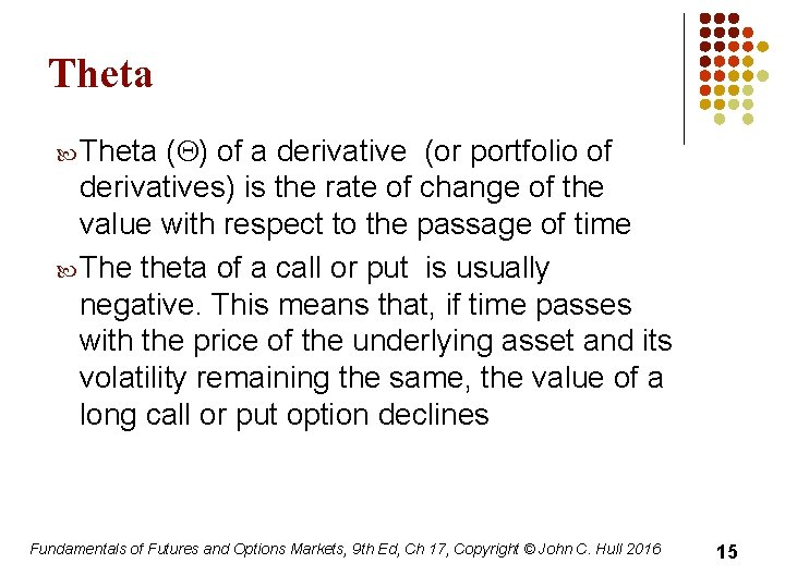 Theta (Q) of a derivative (or portfolio of derivatives) is the rate of change