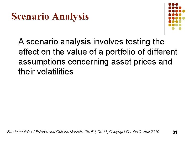 Scenario Analysis A scenario analysis involves testing the effect on the value of a