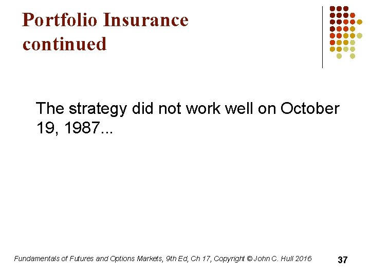 Portfolio Insurance continued The strategy did not work well on October 19, 1987. .