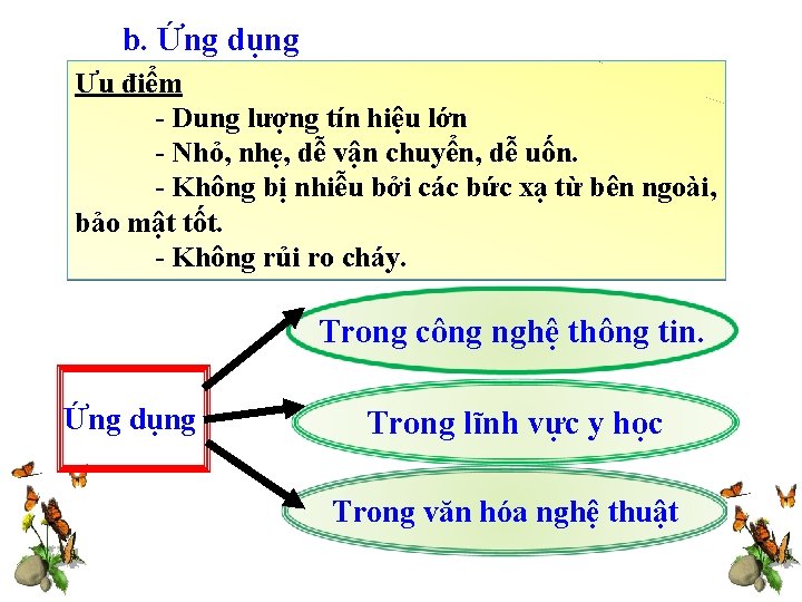 b. Ứng dụng Ưu điểm - Dung lượng tín hiệu lớn - Nhỏ, nhẹ,