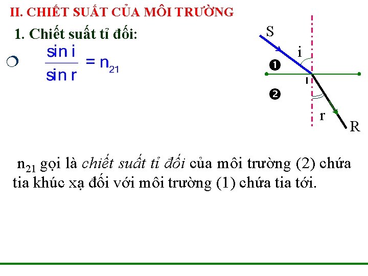 II. CHIẾT SUẤT CỦA MÔI TRƯỜNG 1. Chiết suất tỉ đối: S i I