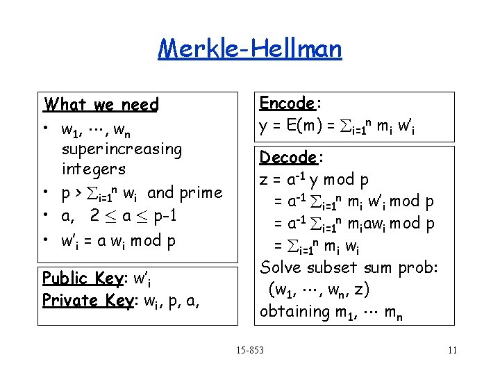 Merkle-Hellman What we need • w 1, L, wn superincreasing integers • p >