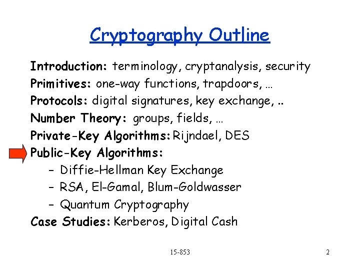 Cryptography Outline Introduction: terminology, cryptanalysis, security Primitives: one-way functions, trapdoors, … Protocols: digital signatures,